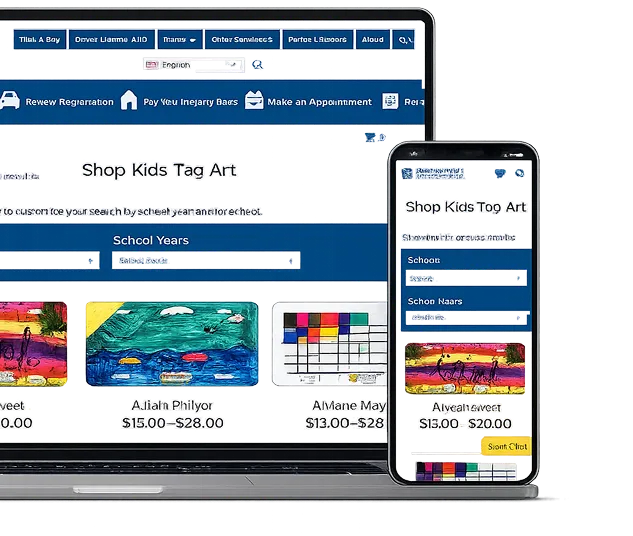 Kids Tag Art ecommerce experience shown on desktop and mobile devices