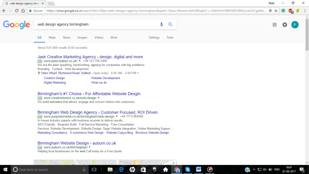 Website design agency Birmingham result in google search.