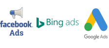 Facebook Ads, Bing Ads, and Google Ads logos