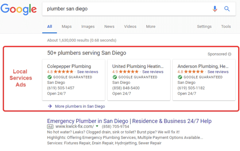 Google Service Ads showing above normal Google Ads and Search results, perfect for marketing during coronavirus