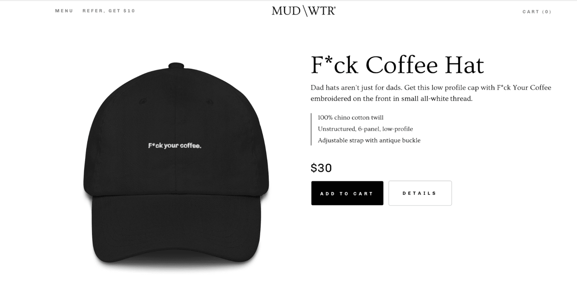 f*ck coffee hat from an ecommerce store as an example of being edgy