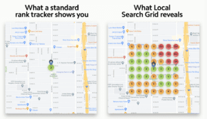 Comparing a regular Local SEO rank tracker which shows one location pin, to Local Search Grid, which shows many location pins.