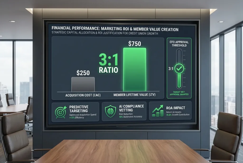 A financial bar chart demonstrating a 3:1 Member Lifetime Value to Acquisition Cost ratio, designed for credit union CFO and executive presentations.