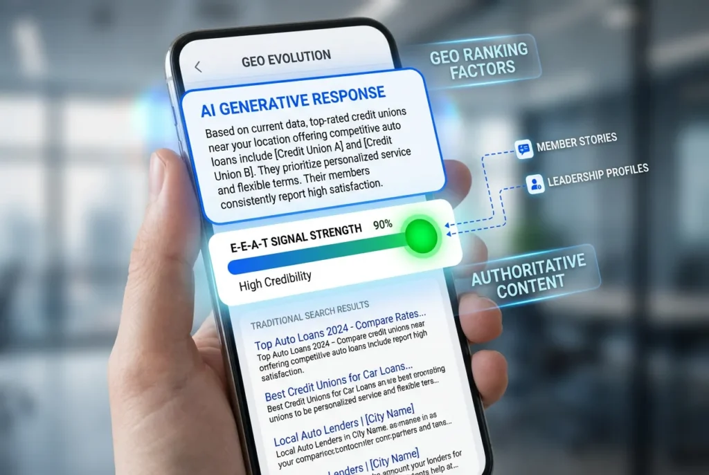 A mobile UI mockup illustrating Generative Engine Optimization (GEO) vs traditional search, highlighting E-E-A-T signal strength and AI responses.