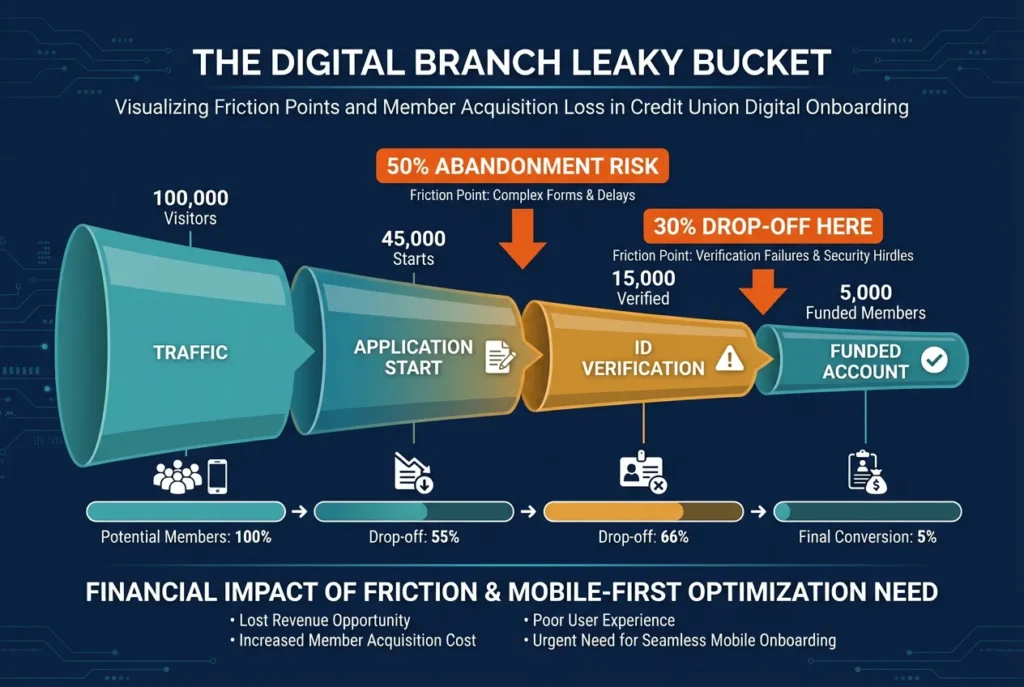 A conversion funnel diagram for credit union digital onboarding, highlighting a 50% abandonment risk during the ID verification and funding stages.