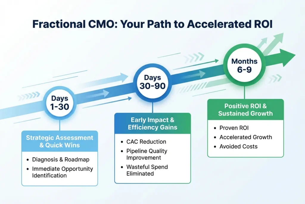 Timeline illustrating Fractional CMO ROI milestones: Days 1-30 for strategic assessment, Days 30-90 for early impact, and Months 6-9 for positive ROI and sustained growth.