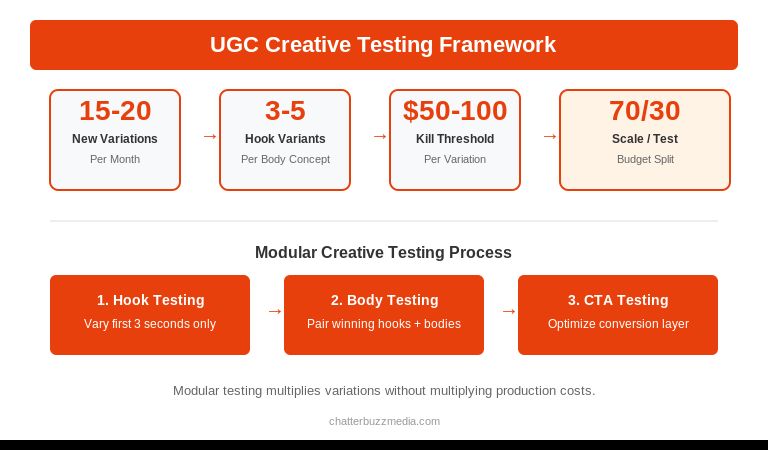 UGC creative testing framework showing modular hook body and CTA testing process