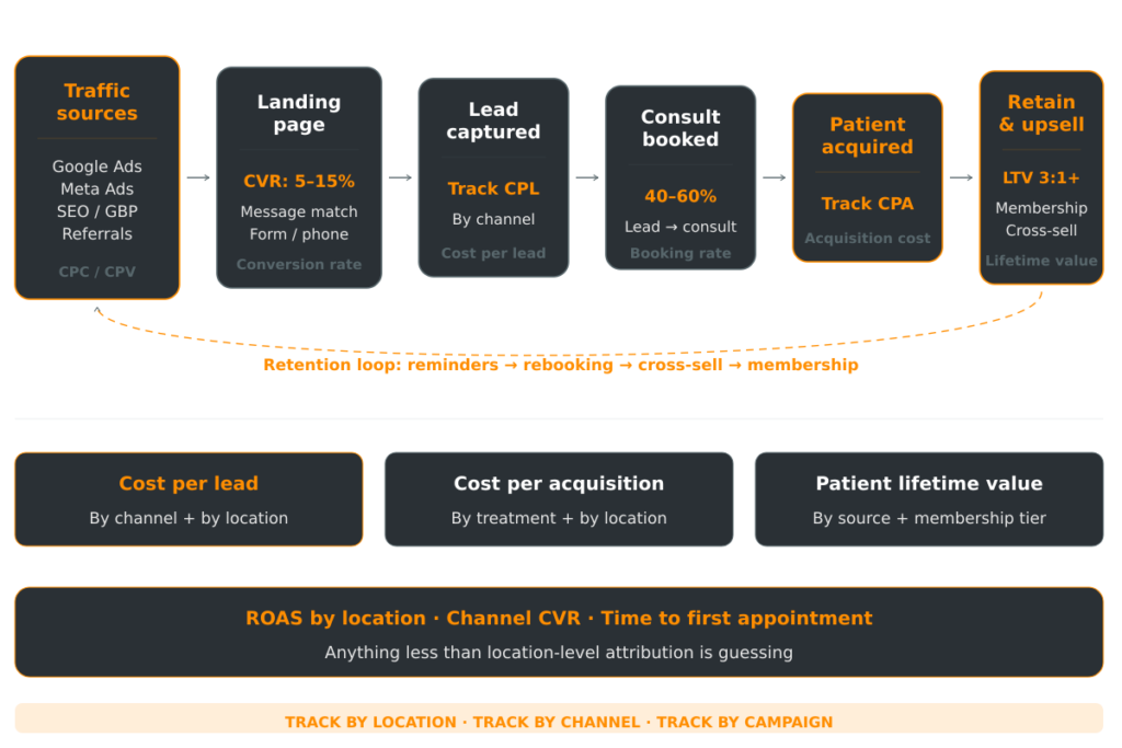 Multi-location med spa patient acquisition funnel showing six stages from traffic sources through landing page conversion at 5-15%, lead capture tracking CPL by channel, consultation booking at 40-60% rate, patient acquisition tracking CPA, and retention with membership enrollment targeting 3:1+ LTV to CAC ratio — with a retention loop feeding back through reminders and cross-sell.