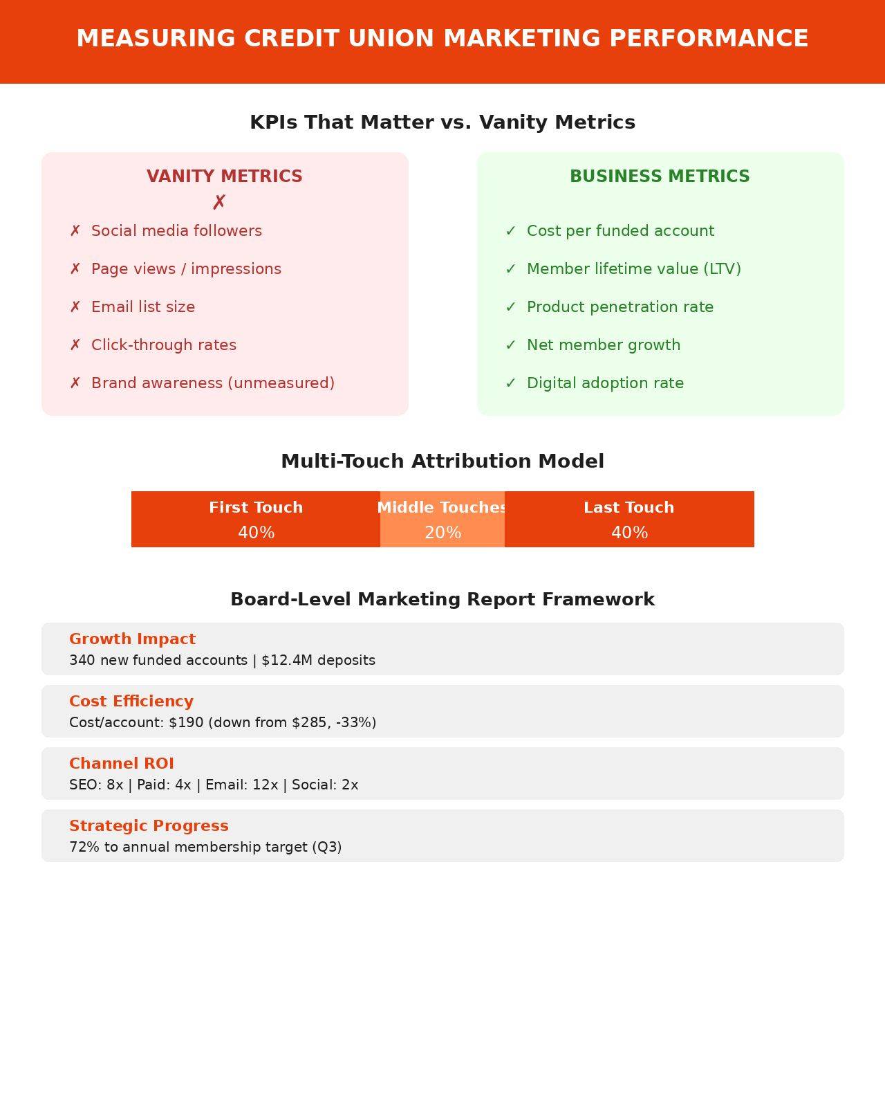 Credit union marketing performance dashboard showing KPIs versus vanity metrics and board reporting framework