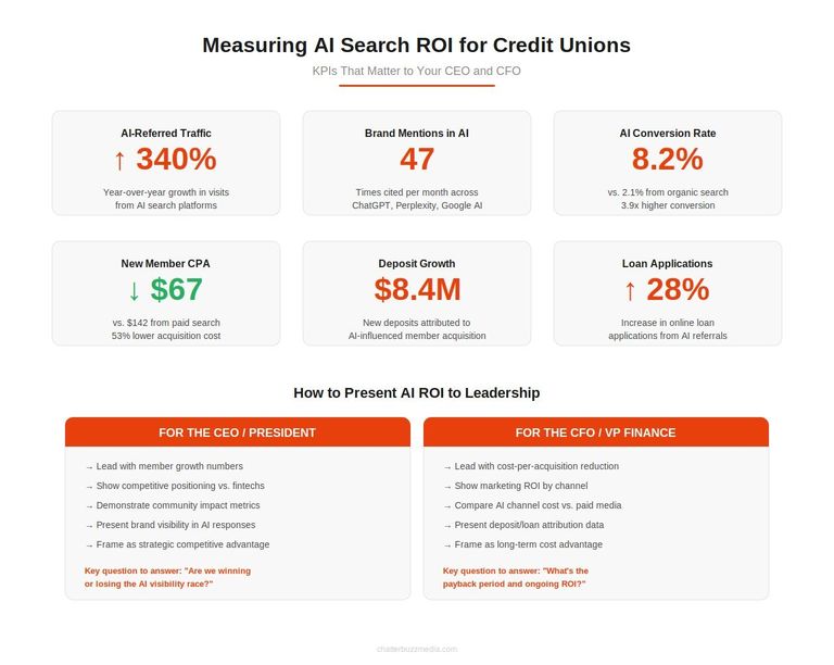 Credit union AI search ROI dashboard showing key metrics including AI-referred traffic, brand mentions, conversion rates, and member acquisition cost