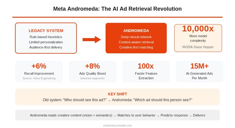 Meta Andromeda AI ad retrieval system architecture showing 10000x model complexity increase over legacy system