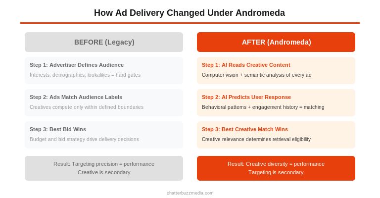 Before and after comparison of Meta ad delivery showing shift from audience-first to creative-first model