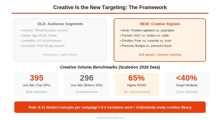 Creative targeting framework showing how hooks formats and angles replace traditional audience segments