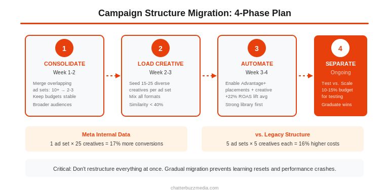 Campaign structure migration diagram showing 4-phase plan
