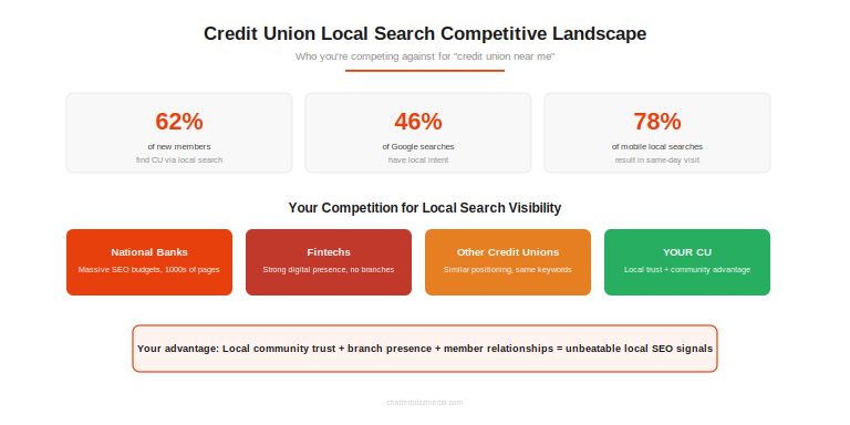 Infographic showing credit union local search competitive landscape with national banks, fintechs, and other credit unions