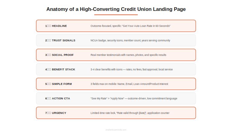 Anatomy of a high-converting credit union landing page showing 7 essential elements from headline to urgency