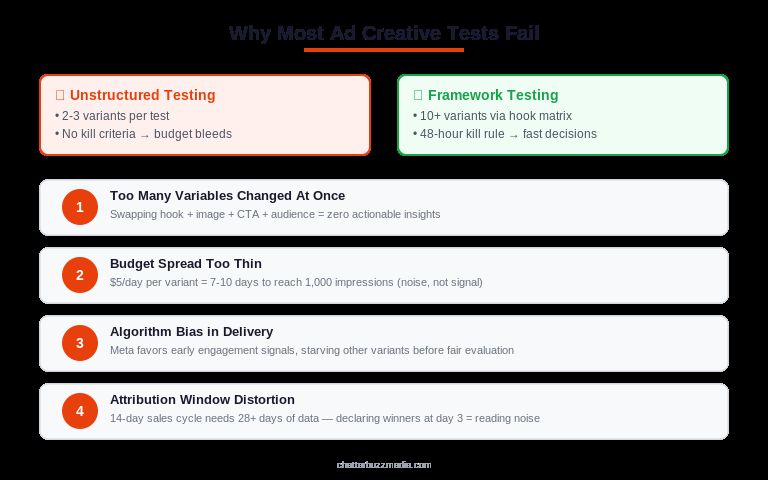 Ad creative testing failure points comparing unstructured testing to framework testing