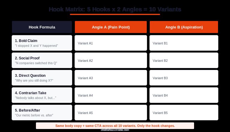 Hook matrix template for ad creative testing with five hook formulas and two angles