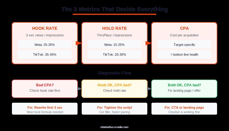 Three key metrics for ad creative testing hook rate hold rate and CPA
