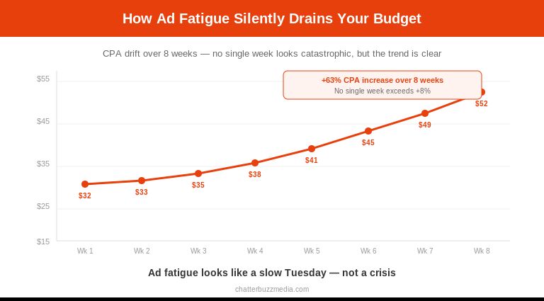 Ad fatigue CPA drift chart showing cost increase over 8 weeks