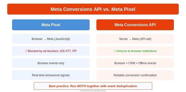 Comparison chart of Meta Conversions API versus Meta Pixel showing server-side versus browser-side tracking differences