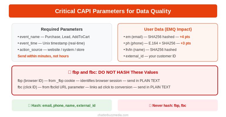 Meta Conversions API required parameters and user data fields with EMQ scoring impact for each parameter