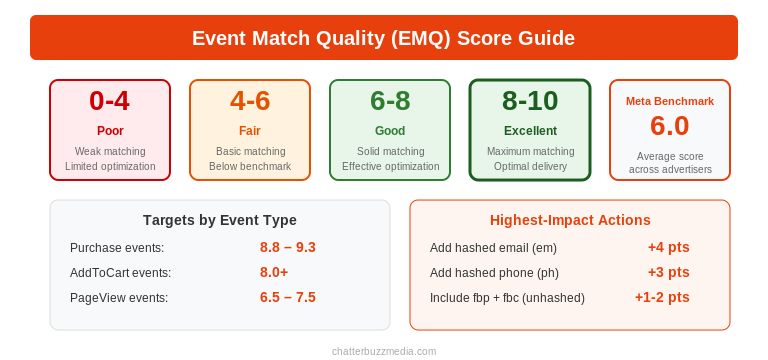 Event Match Quality score benchmarks showing poor to excellent ranges with targets by event type