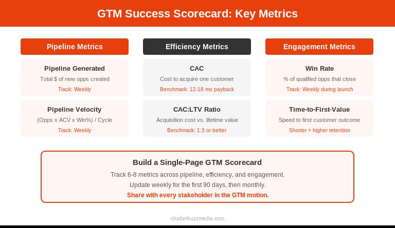 GTM success scorecard showing pipeline, efficiency, and engagement metrics