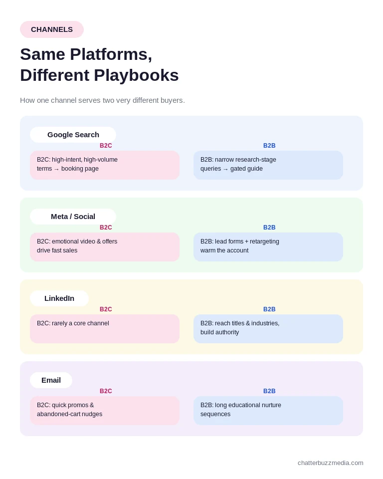 B2B vs B2C channels playbook for Google Search, Meta, LinkedIn, and email