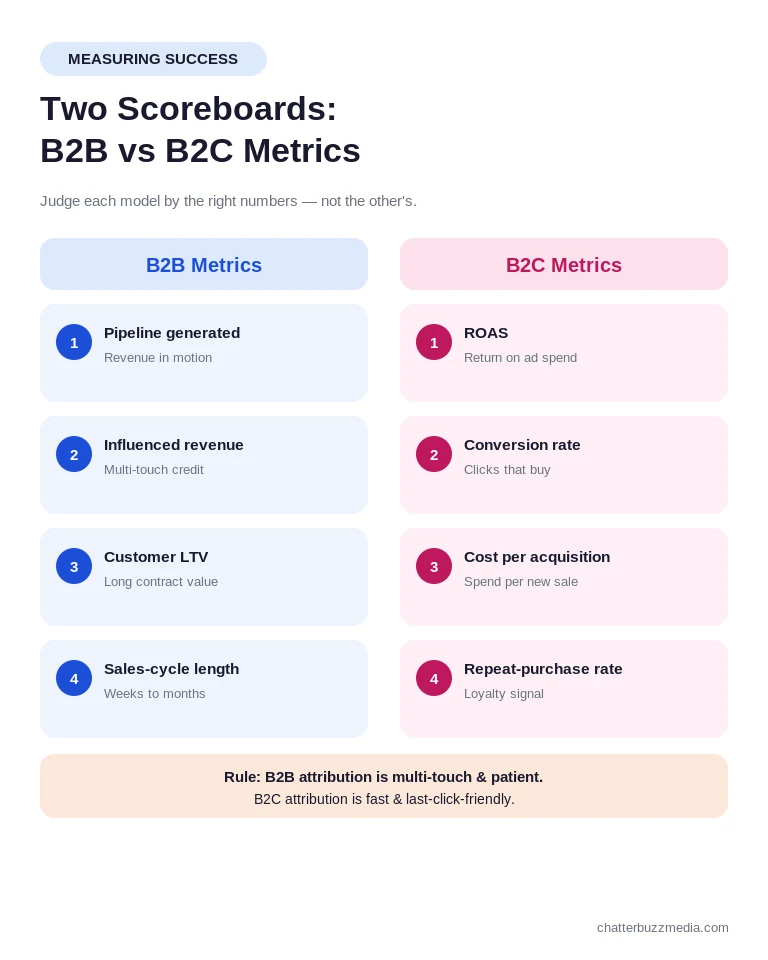 B2B vs B2C marketing metrics comparison: pipeline and LTV versus ROAS and conversion rate