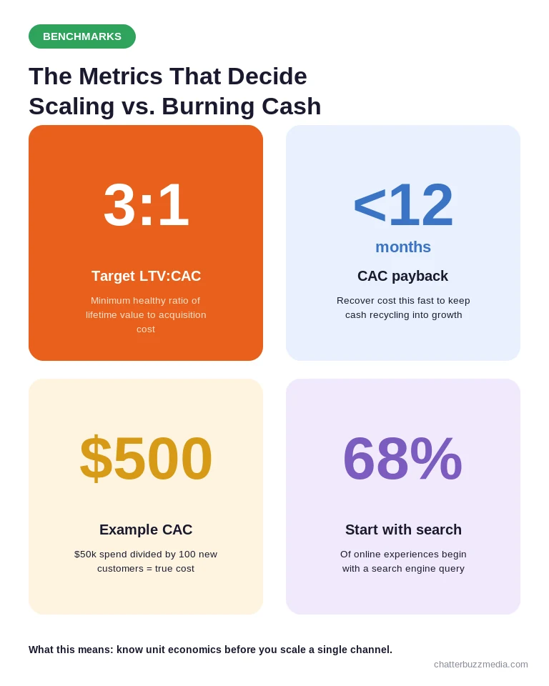 Customer acquisition metrics benchmarks: LTV to CAC ratio, CAC payback period, and CAC