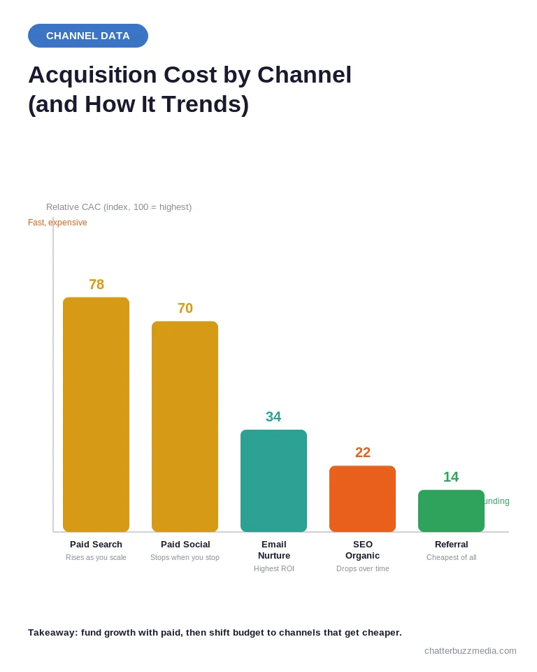 Customer acquisition cost by channel bar chart comparing paid, email, SEO and referral CAC