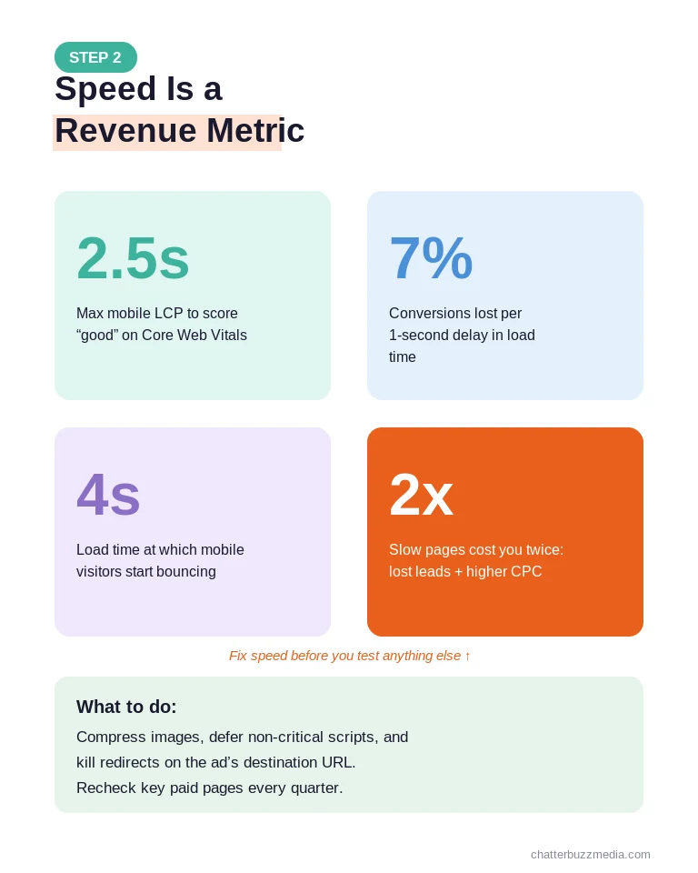 Landing page speed stats for paid media CRO including 2.5 second mobile LCP and 7 percent conversion loss per second delay