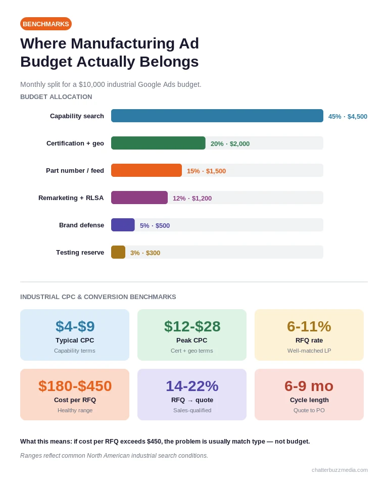 Manufacturing Google Ads budget allocation chart with industrial CPC benchmarks, RFQ rates, and cost per RFQ ranges
