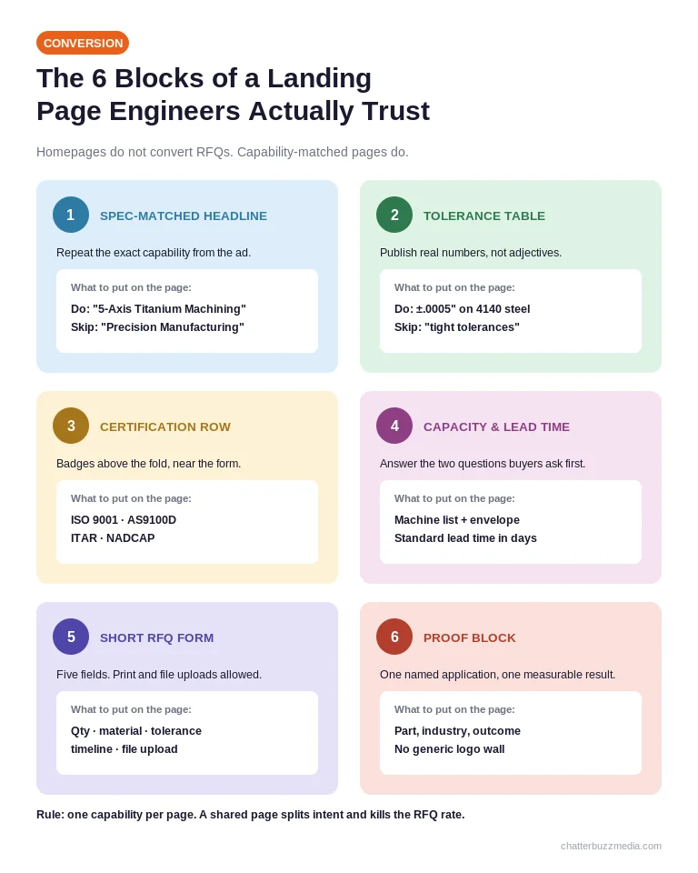 Six blocks of a manufacturing PPC landing page including spec-matched headline, tolerance table, certification row, capacity, RFQ form, and proof