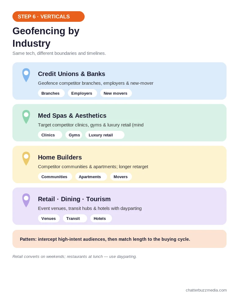 Geofencing by industry: credit unions, med spas, home builders, retail and tourism