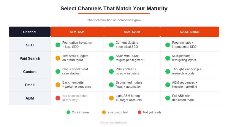 Channel selection matrix showing which marketing channels to prioritize at each revenue stage