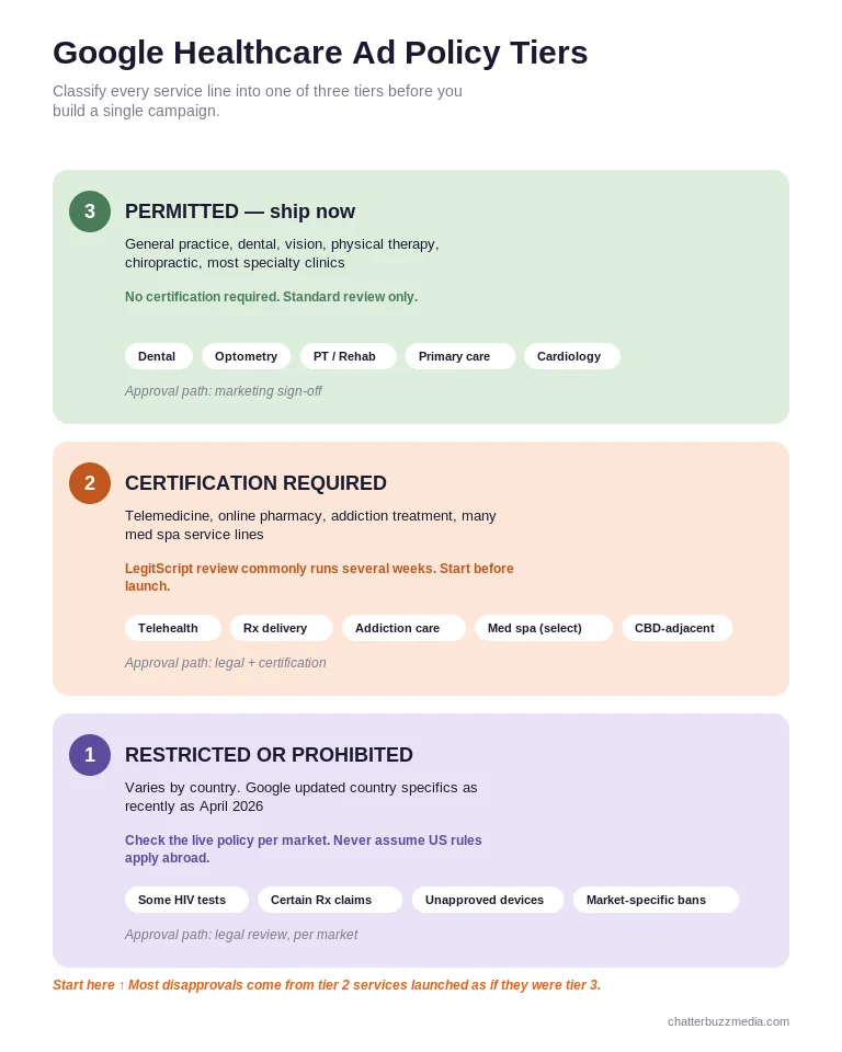 Healthcare Google Ads policy tiers showing prohibited, certification-required, and permitted advertising categories for medical practice PPC
