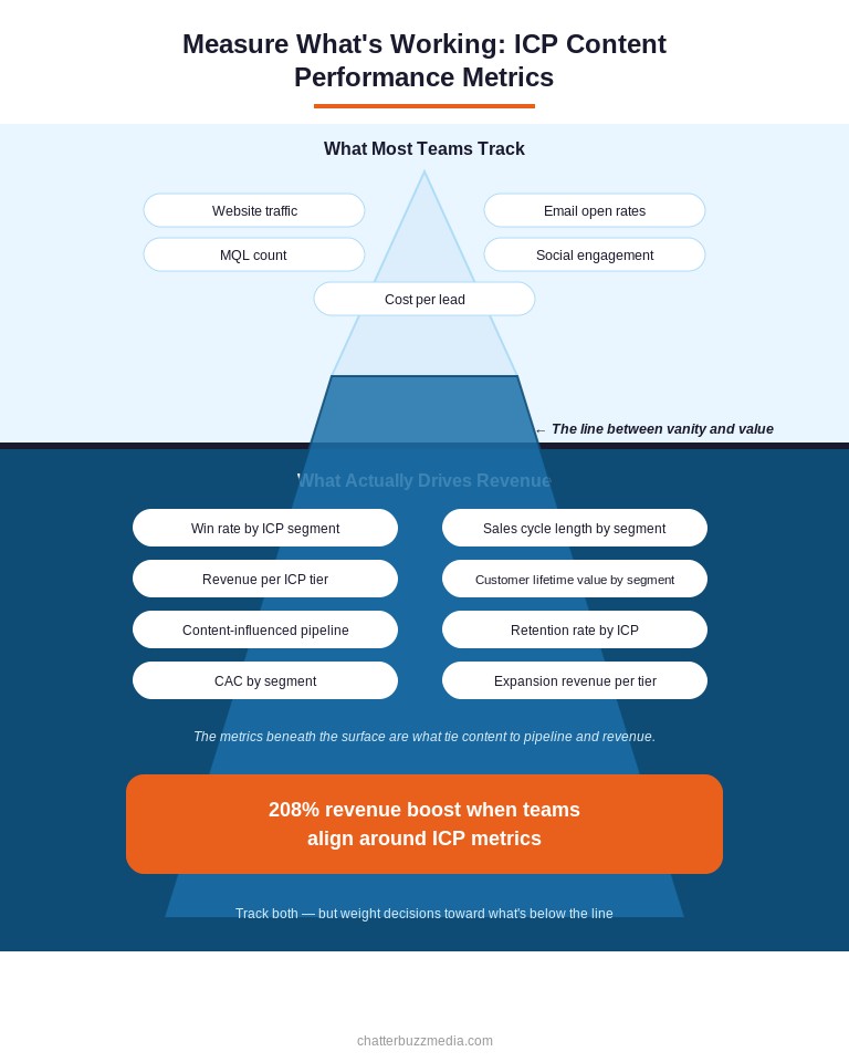 iceberg diagram showing vanity metrics versus revenue driving icp metrics