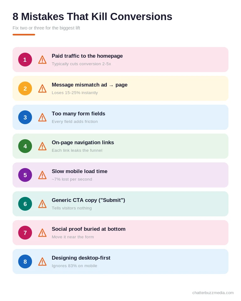 Numbered red-flag list of landing page mistakes that kill conversions including homepage traffic, message mismatch, long forms, and buried social proof