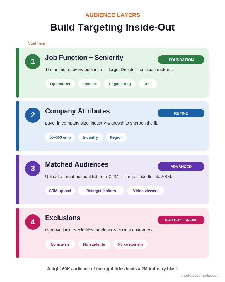 LinkedIn ads targeting layers: job function, seniority, matched audiences and exclusions for B2B