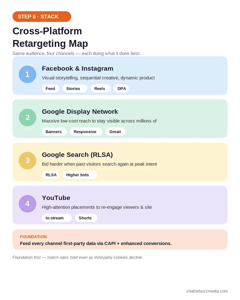 Cross-platform retargeting map across Facebook, Google Display, Google Search RLSA, and YouTube