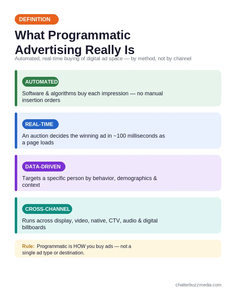 What programmatic advertising is: automated, real-time, data-driven, cross-channel ad buying