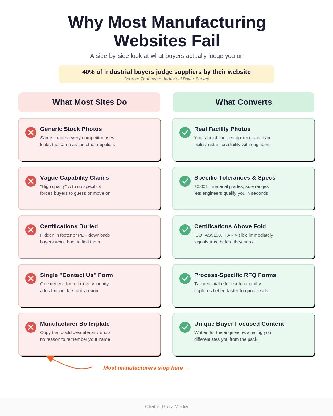 Infographic comparing what most manufacturing websites do wrong versus what actually converts engineers and procurement buyers