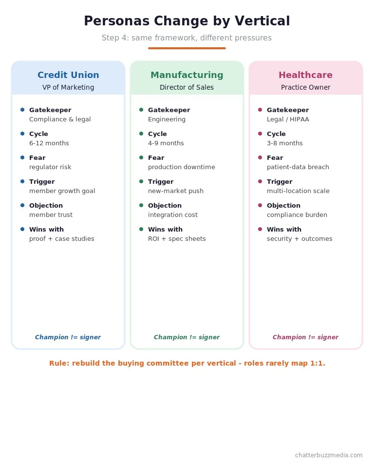 Side-by-side comparison of vertical-specific persona profiles for manufacturing and credit union industries