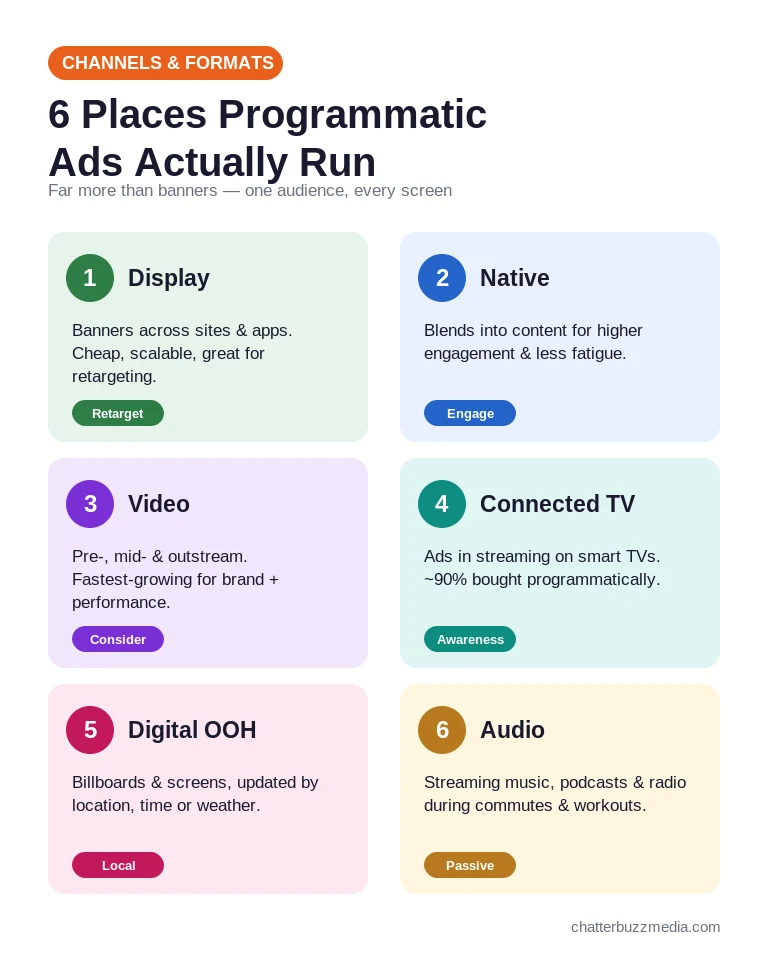 Programmatic advertising channels and formats: display, native, video, CTV, DOOH and audio