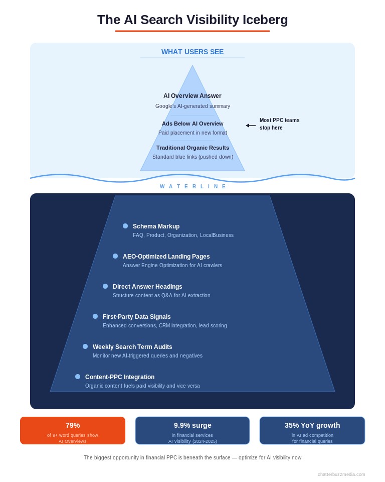 AI search visibility iceberg showing visible user experience above waterline and optimization strategies below