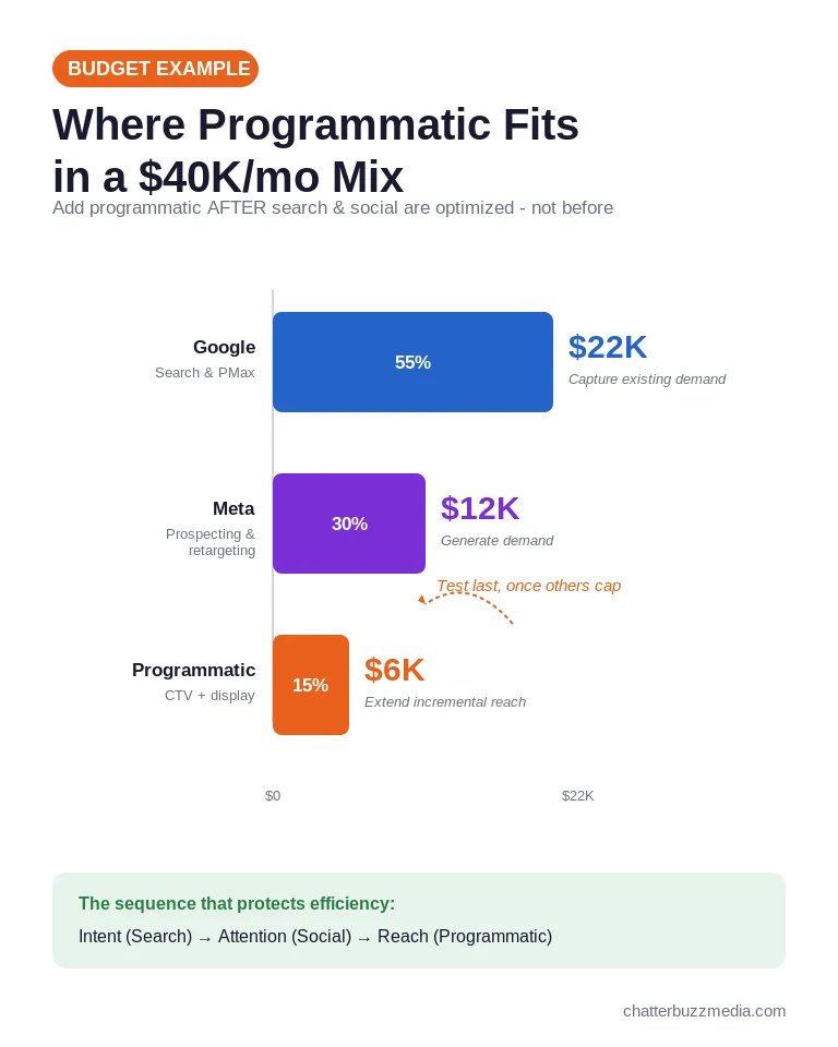 Programmatic vs Google and Meta budget allocation for a mid-market paid media mix