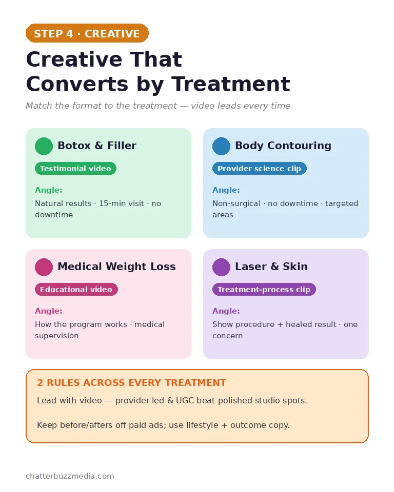 Med spa advertising creative by treatment: injectables, body contouring, medical weight loss, and laser skin video formats