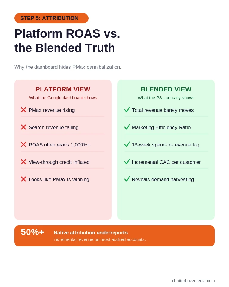 Platform ROAS vs blended attribution comparison for Performance Max cannibalization